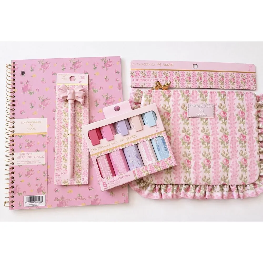 LoveShackFancy x Yoobi Pink Floral 4 Pc Set Ruffle Pouch Notebook NWT